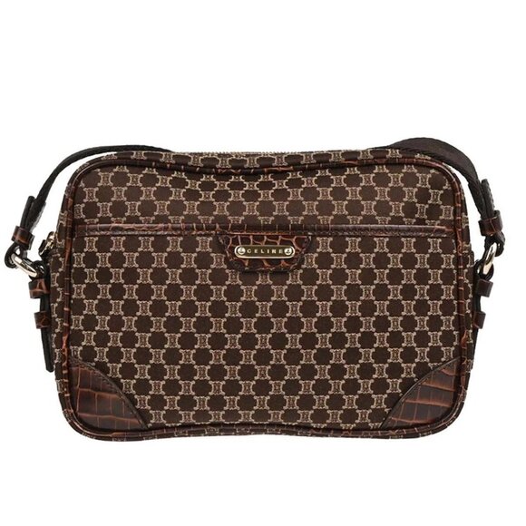 Celine Brown Canvas Embossed Leather Macadam Shoulder Bag - Picture 1 of 10